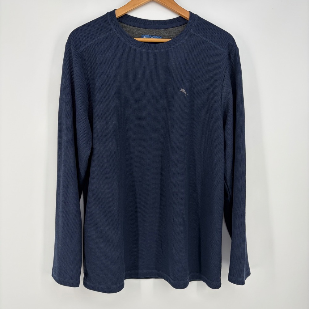 Tommy Bahama Mens Large Blue Waffle Knit Long Sleeve Crew Neck Marlin Logo Shirt